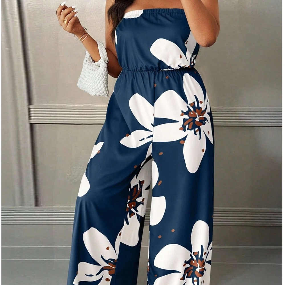 Floral Strapless Jumpsuit - Navy and White